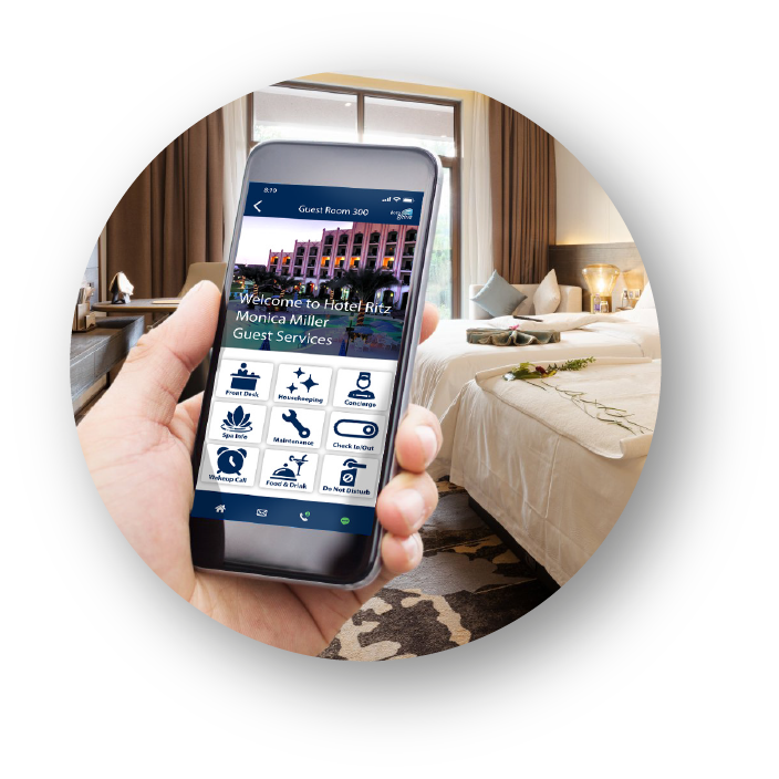 HotelGenie hotel phone system running as the room phone on a guest's mobile
