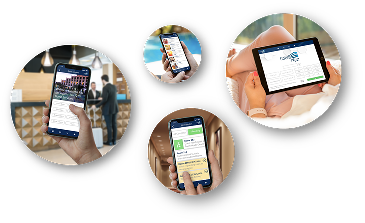 HotelGenie hotel guest app screens for dining, requests, messaging and calling