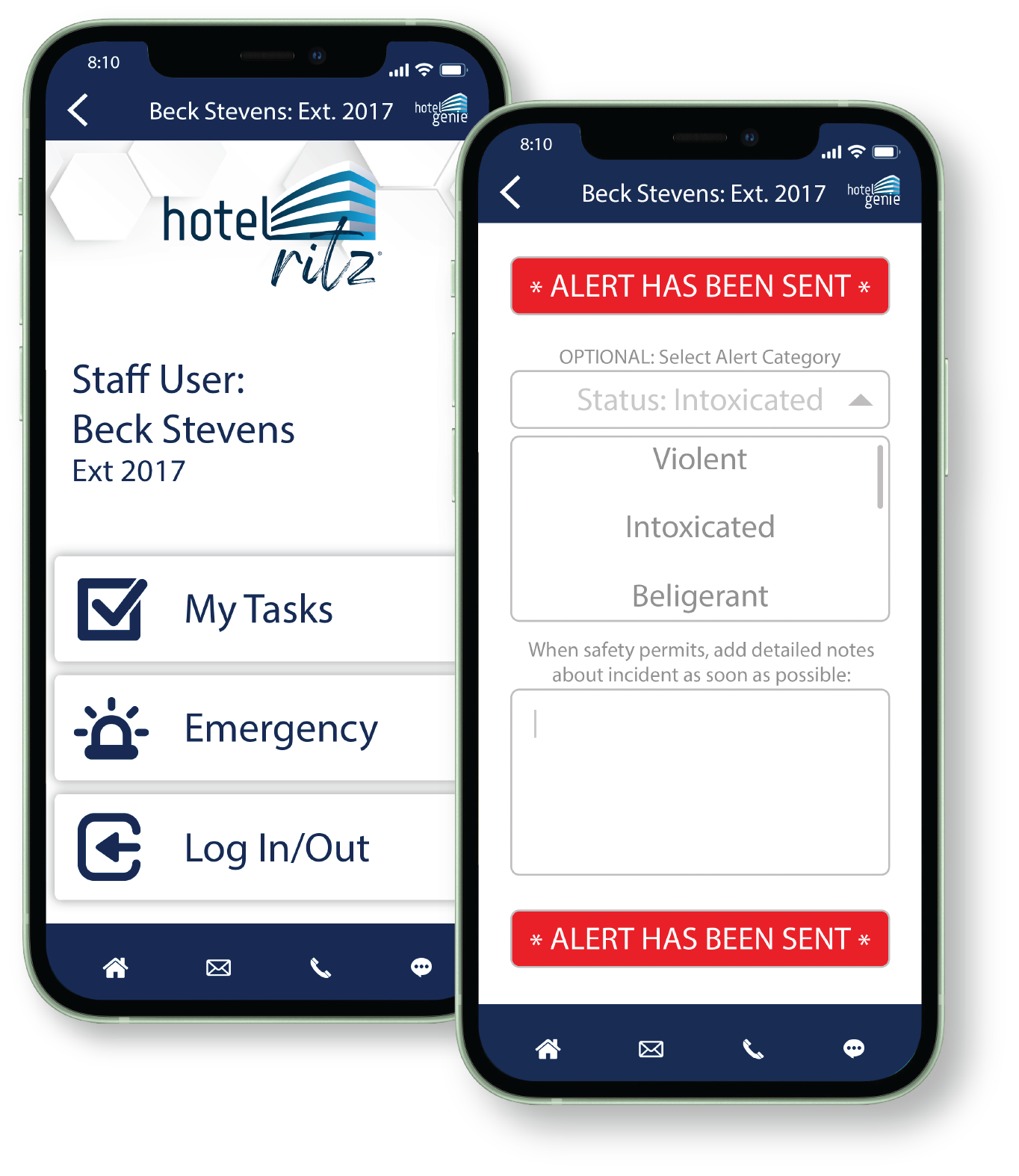 HotelGenie Emergency Alert button and alert notification screen for hotel staff