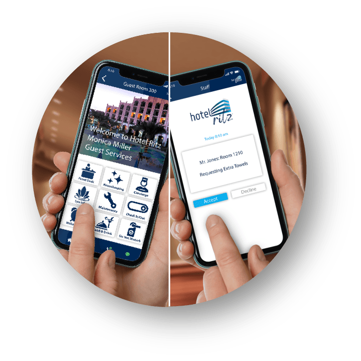 Guest requests by voice and message routed to hotel staff through HotelGenie