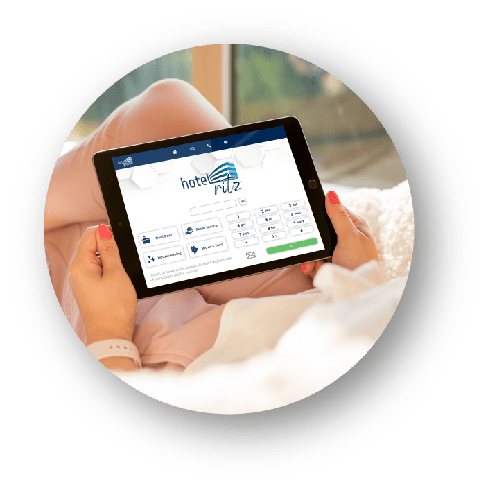HotelGenie casino hotel phone system on an in-room tablet